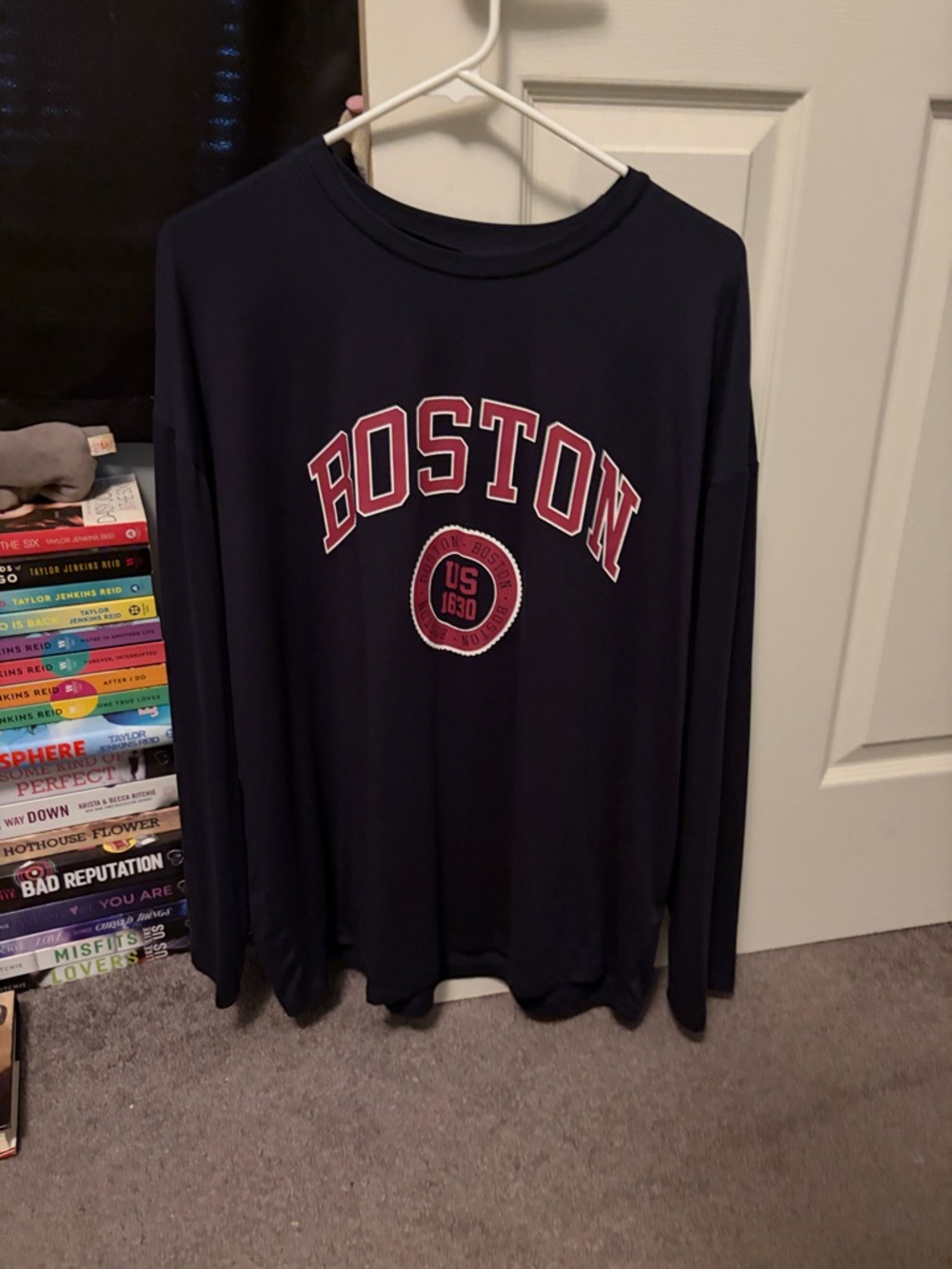 SHEIN Navy Long Sleeve 'Boston' Graphic Tee with Red Accent